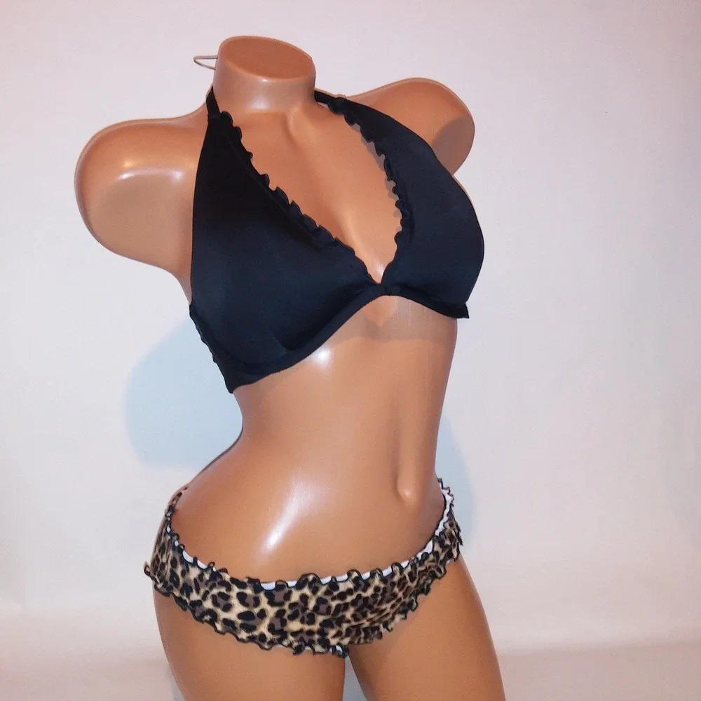 Victoria Secret Swim Bikini 36D Top Medium Cheeky Bottom Black Leopard Ruffle